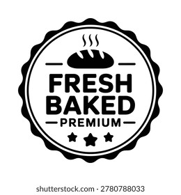 Black and white vector illustration of a circular fresh baked label featuring a bread illustration