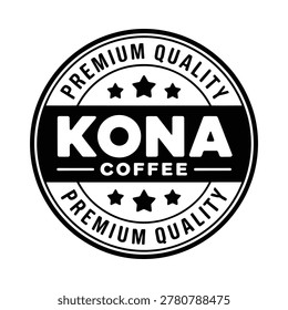 Black and white vector illustration of a circular Kona coffee label featuring text, stars, and