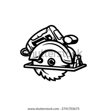 Black and white vector illustration of circular saw power tool for construction and carpentry design