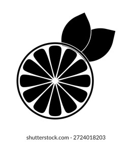 Ilustración vectorial en blanco y negro de una rodaja de cítricos, limón o lima, con dos hojas. 