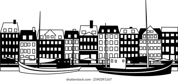 Black and white vector illustration of the city of Copenhagen, Denmark