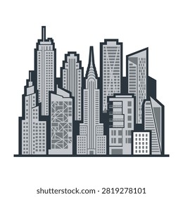 Black and white vector illustration of a city skyline featuring various skyscrapers. Modern urban architecture design suitable for backgrounds, banners, and corporate presentations.