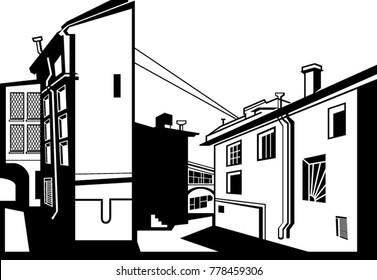 Black and white vector illustration of the city of St. Petersburg. Street slum.
