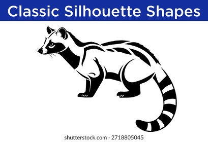 Black and white vector illustration of a civet or genet in profile, showcasing its classic silhouette shape with a distinctive striped tail.