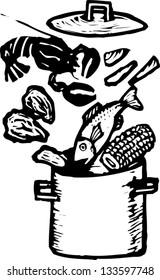 Black And White Vector Illustration Of Clam Bake Pot With Seafood