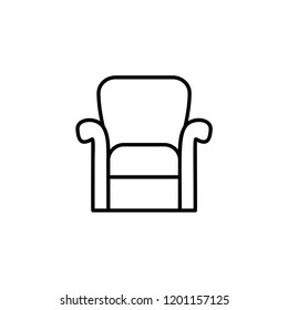 Black & white vector illustration of classic armchair with high back. Line icon of arm chair seat. Upholstery furniture for living room & bedroom. Isolated object on white background 