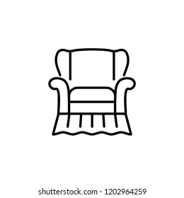 Black & white vector illustration of classic armchair with high back. Line icon of arm chair seat. Upholstery furniture for living room & bedroom. Isolated object on white background 