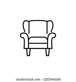 Black & white vector illustration of classic armchair with high back. Line icon of arm chair seat. Upholstery furniture for living room & bedroom. Isolated object on white background 