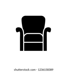 Black & white vector illustration of classic armchair with high back. Flat icon of arm chair seat. Upholstery furniture for living room & bedroom. Isolated object on white background 