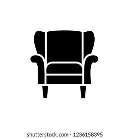 Black & white vector illustration of classic armchair with high back. Flat icon of arm chair seat. Upholstery furniture for living room & bedroom. Isolated object on white background 