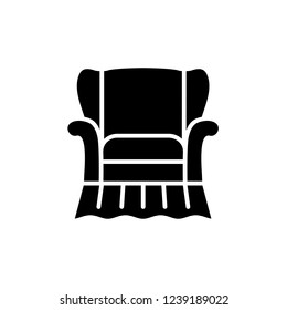 Black & white vector illustration of classic armchair with high back. Flat icon of arm chair seat. Upholstery furniture for living room & bedroom. Isolated object on white background 