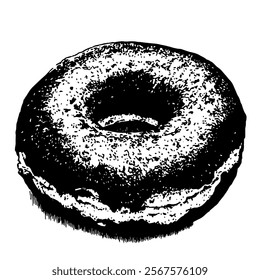 black and white vector illustration of a classic donut with detailed texture and round shape, perfect for food-themed designs and bakery-related projects