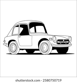 a black and white vector illustration of a classic compact car with detailed lines and shading, showcasing its vintage design and simplicity