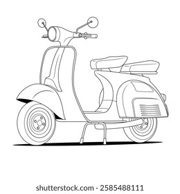 a black and white vector illustration of a classic scooter with two seats, mirrors, and detailed line work, showcasing its retro design and mechanical features