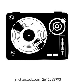 Ilustração de vetor preto e branco de um toca-discos clássico com registro de vinil. Perfeito para música retrô, DJ, e vintage projetos de áudio temático