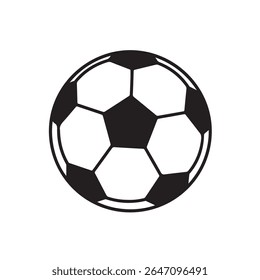 Ilustração vetorial em preto e branco de uma bola de futebol clássica com padrões de pentágono e hexágono, design simples e estilizado adequado para esportes, jogos e temas atléticos