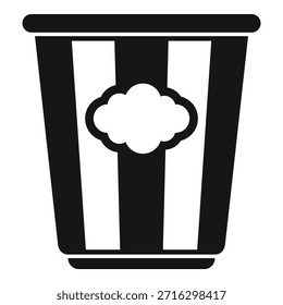 Ilustración vectorial en blanco y negro de un clásico cubo de palomitas de maíz a rayas con un logotipo de nube de palomitas de maíz, perfecto para aperitivos de noche de cine