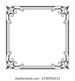 Ilustração vetorial em preto e branco de um quadro quadrado clássico com elegantes cantos giratórios, adequado para bordas decorativas, certificados ou convites formais.