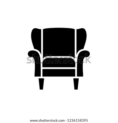 Black & white vector illustration of classic armchair with high back. Flat icon of arm chair seat. Upholstery furniture for living room & bedroom. Isolated object on white background 