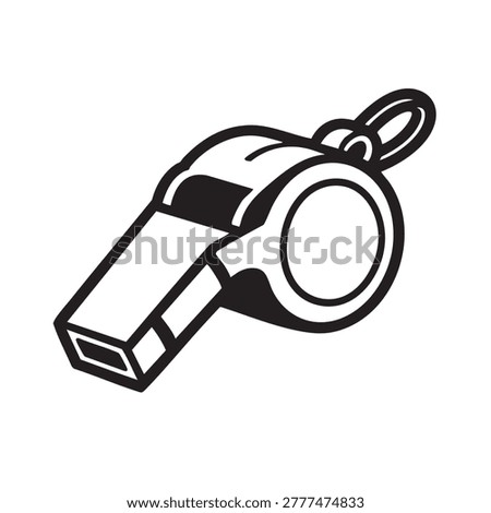 Black and white vector illustration of a classic sports whistle used by coaches and referees during athletic games and training sessions to signal the start or end of important competitive events in professional and amateur sports leagues worldwide today.
