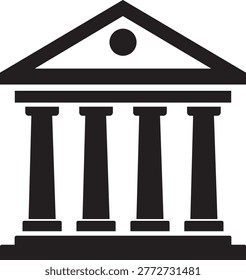 A black and white vector illustration of a classical building featuring a pediment, entablature, and rows of Doric columns, symbolizing established institutions and enduring design.