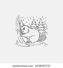 A black and white vector illustration in the clean line style of a cute beaver gnawing on a tree trunk