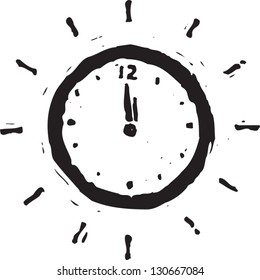 Black and white vector illustration of a clock at midnight