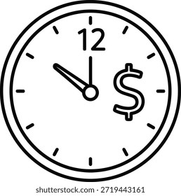 Ilustración vectorial en blanco y negro de un reloj que muestra las 10:00, con un signo de dólar que reemplaza el número de las 3 en punto. Este diseño mínimo simboliza el concepto de "el tiempo es dinero", lo que lo hace ideal para contenido financiero, temas de productividad, presentaciones comerciales e infografías económicas.