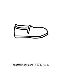 Black & white vector illustration of closed slippers. Men’s shoes for home. Line icon of male footwear. Isolated object on white background. 