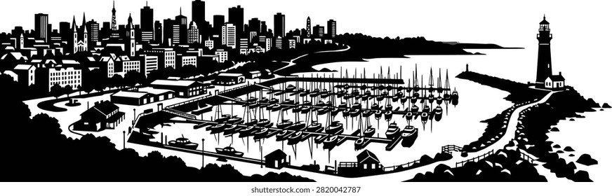 A black and white vector illustration of a coastal city skyline featuring a marina with docked boats and a prominent lighthouse.
