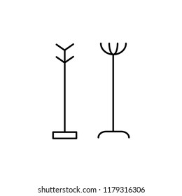 Black & white vector illustration of coat racks.  Line icon of interior design product. Decorative hatstands for home & office. Isolated object on white background. 