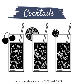 Black and white vector illustration of cocktails in line art style with cherry, strawberry, lime, lemon, orange and grapefruit. Icons are suitable for menu design and summer decor.