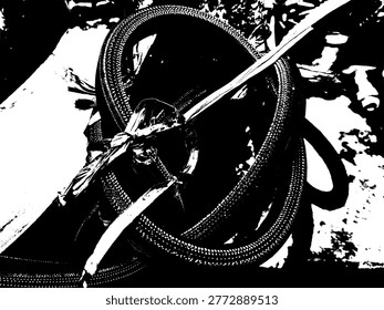 Black and white vector illustration of a coiled rubber well rope with a knot. High contrast stencil style of traditional pulley rope, perfect for industrial and rustic graphic design