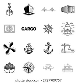 Colección de Ilustración vectorial en blanco y negro de dieciséis símbolos de transporte marítimo, incluidos contenedores de barcos y anclas para la logística portuaria.