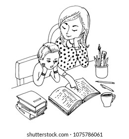 Black and white vector illustration for coloring book. Mother teaching her little son. Home education