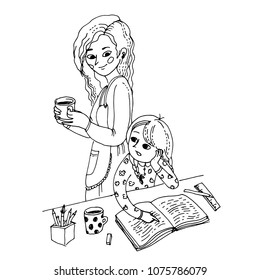 Black and white vector illustration for coloring book. Little girl asking something her mother. Home education