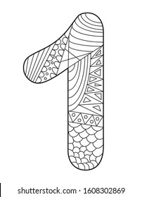 Black and white vector illustration for coloring. Number one in Zentangle style. Empty linear contour isolated on white background. 