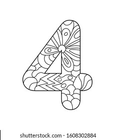 Black and white vector illustration for coloring. Number four in the Zentangle style. Empty linear contour isolated on white background. 