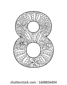 Black and white vector illustration for coloring. Figure eight in the Zentangle style. Empty linear contour isolated on white background. 