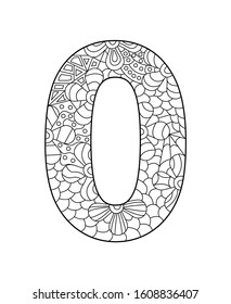 Black and white vector illustration for coloring. Number zero in the style of Zentangle. Empty linear contour isolated on white background. 
