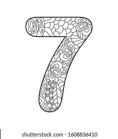 Black and white vector illustration for coloring. Number seven in the Zentangle style. Empty linear contour isolated on white background. 
