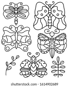 Black and white vector illustration for coloring book. Whimsical butterfly.