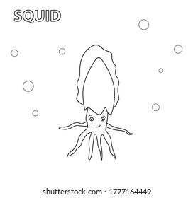 Ilustración vectorial en blanco y negro para el libro de colorear. Caricatura calamar. Mundo submarino.