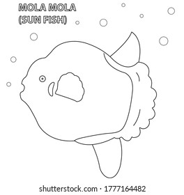 Black and white vector illustration for coloring book. Cartoon mola mola or sun fish. Underwater world.