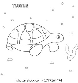 Black and white vector illustration for coloring book. Cartoon turtle. Underwater world.