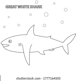 Black and white vector illustration for coloring book. Cartoon great white shark. Underwater world.