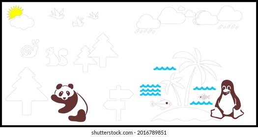 Ilustración vectorial en blanco y negro para el libro de colorear. Libro de colorear para educar a los niños de preescolar con juegos educativos para niños fáciles y educación primaria de nivel de dificultad simple de juegos.