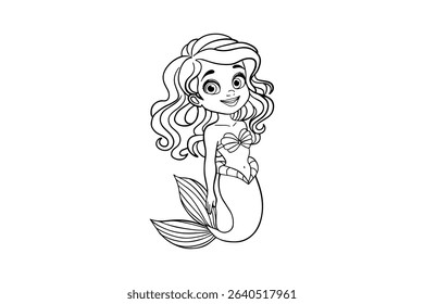 Black and white vector illustration for coloring book. Cute mermaid fairy tale ocean scene designed for kids' activity books, educational materials, or printable coloring pages