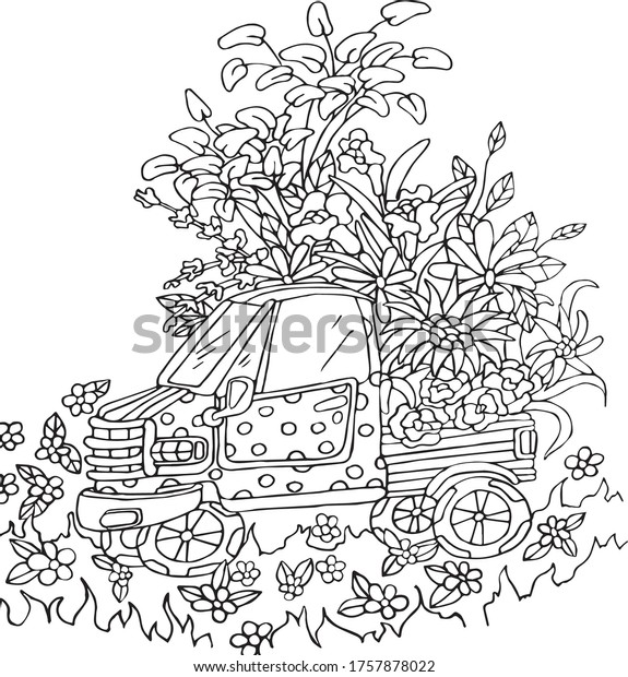 Black and white vector\
illustration coloring book with a typewriter in flowers. Vector\
illustration for coloring, for greeting cards, posters, stickers,\
design.