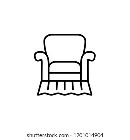 Black & white vector illustration of comfortable vintage armchair with high back. Line icon of retro arm chair seat. Upholstery furniture for living room & bedroom. Isolated on white background 